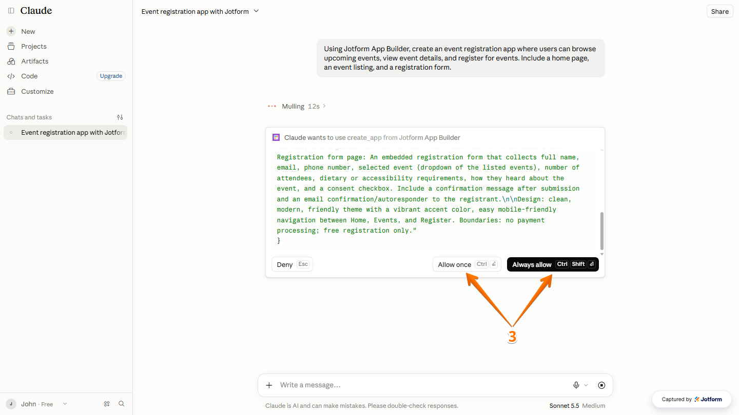 Claude Permission prompt displaying the Allow Once and Always Allow options to authorize Claude to use the Jotform App Builder connector