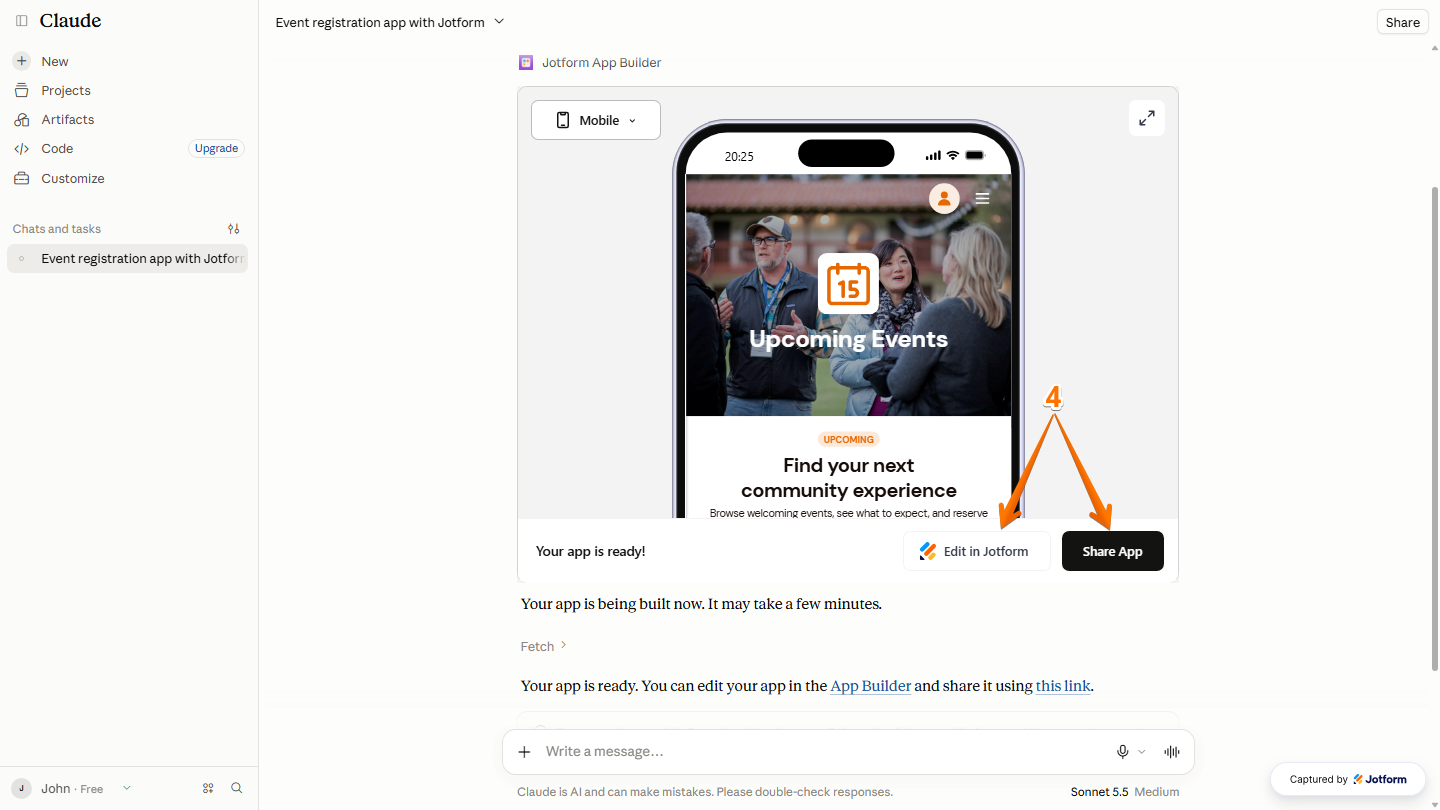 Claude chat interface displaying the generated app with the Edit in Jotform and Share App buttons for further customization and sharing options
