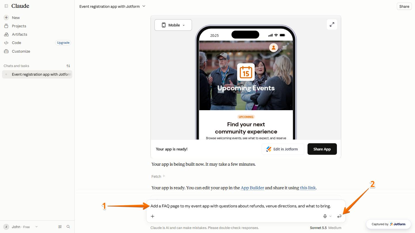 Claude chat interface displaying a prompt to add a FAQ page to an event app with questions about refunds, venue directions, and what to bring, along with the Backward-Turning Arrow icon to submit the request
