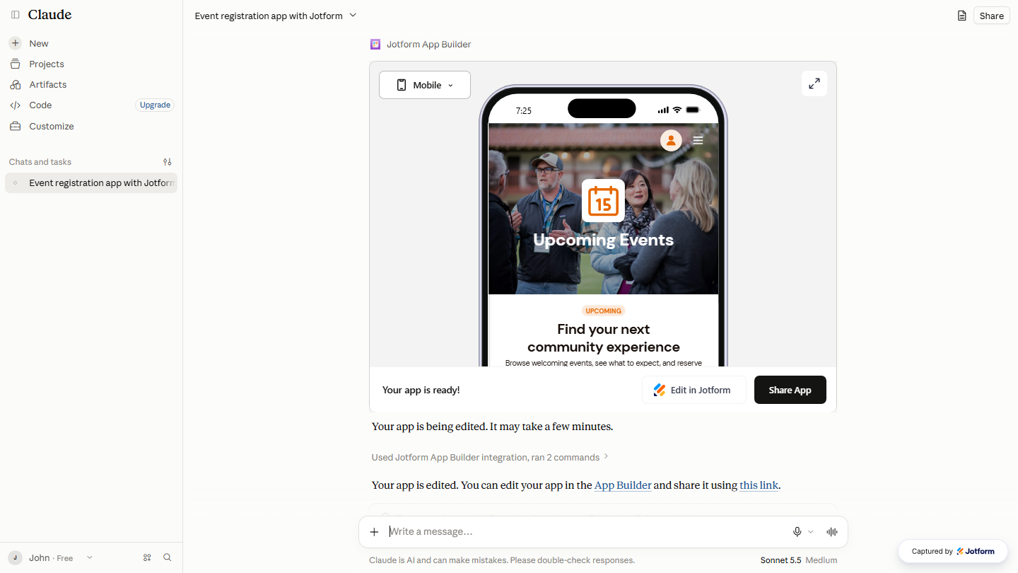 Claude chat interface displaying the updated app and a shareable link provided by Claude for sharing the app with others