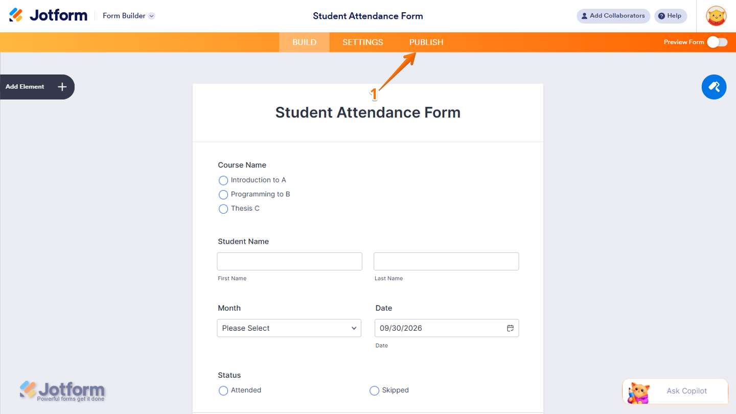 Form Builder showing the orange navigation bar at the top with the Publish button highlighted, ready to publish the form