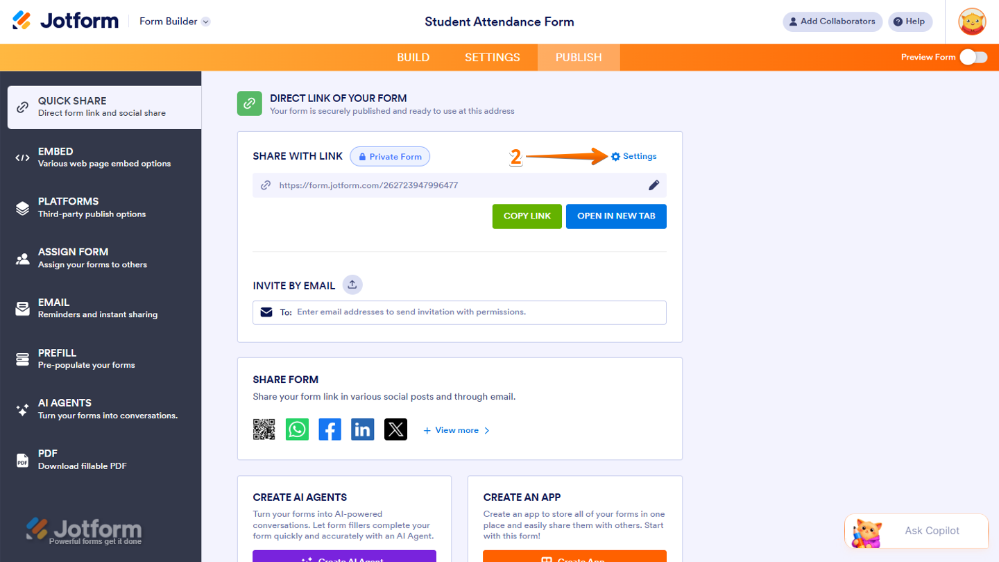 Publish page showing the Share With Link section with the Settings option for configuring the form’s link settings