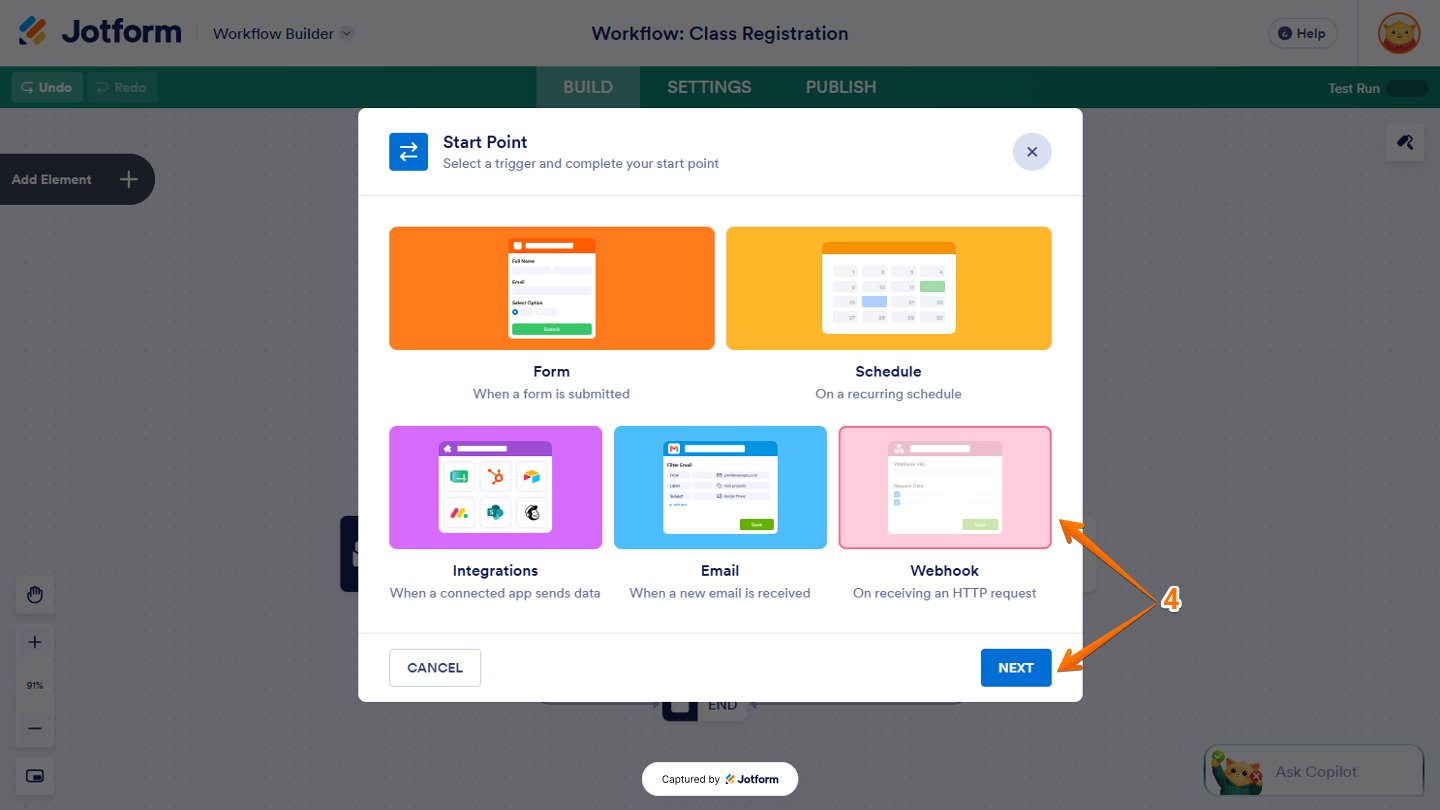Start Point window in Workflow Builder showing the Webhook option selected, with the Next button to continue setting up the webhook trigger