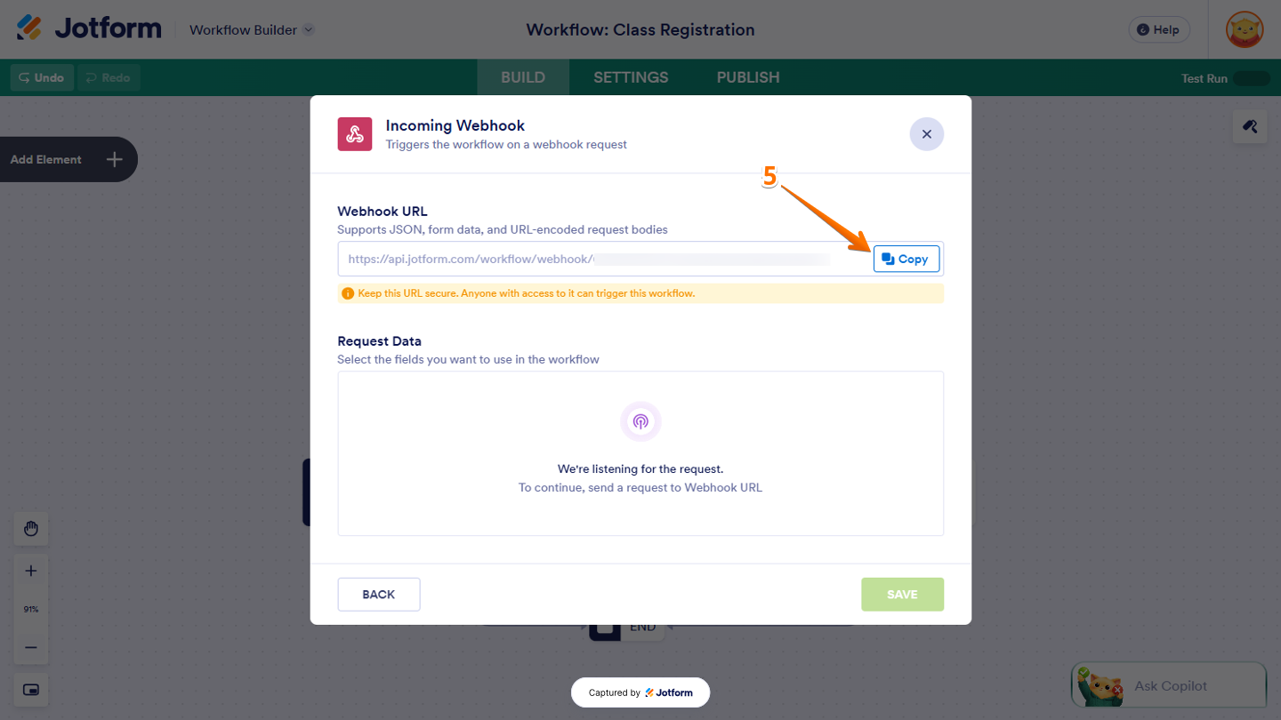 Incoming Webhook window in Workflow Builder showing the generated Webhook URL and the Copy button for copying the URL to send a test request