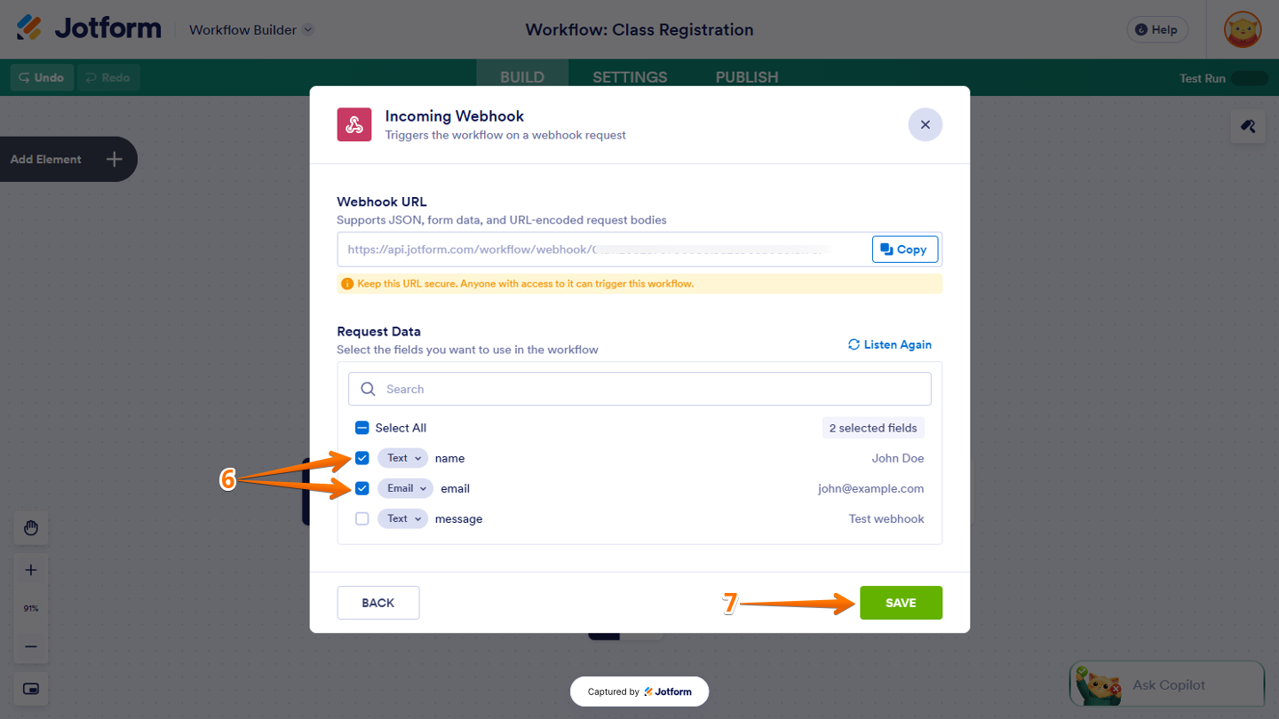 Incoming Webhook window in Workflow Builder showing the Request Data section with checkboxes for selecting the fields to use in the workflow and the Save button to apply the settings