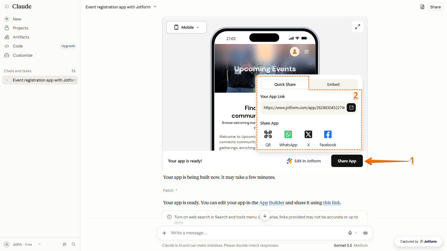Claude chat interface displaying the Share App window with the Quick Share tab and options to copy the app link, generate a QR code, or share the app via WhatsApp, X, or Facebook