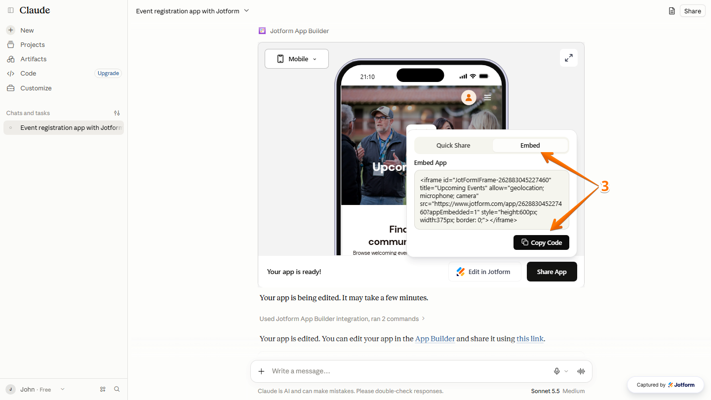 Claude Share App window displaying the Embed tab with the Copy Code button for copying the app's embed code into a website builder