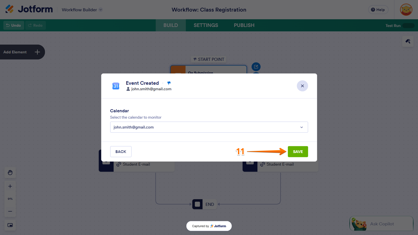 Google Calendar integration window in Workflow Builder showing the Save button to save the authenticated account and complete the integration setup