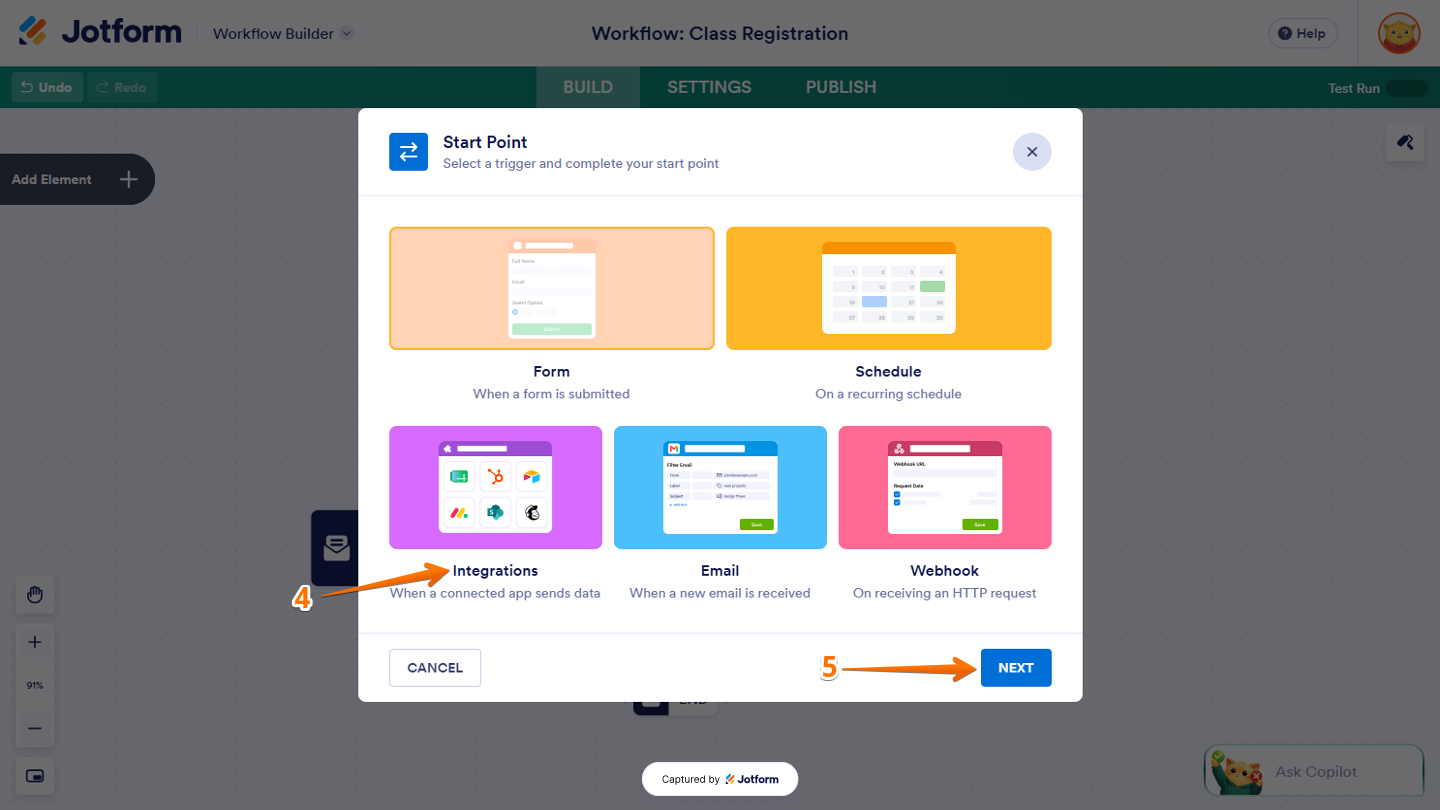 Start Point window in Workflow Builder showing the Integrations option selected, with the Next button at the bottom to continue configuring the workflow trigger