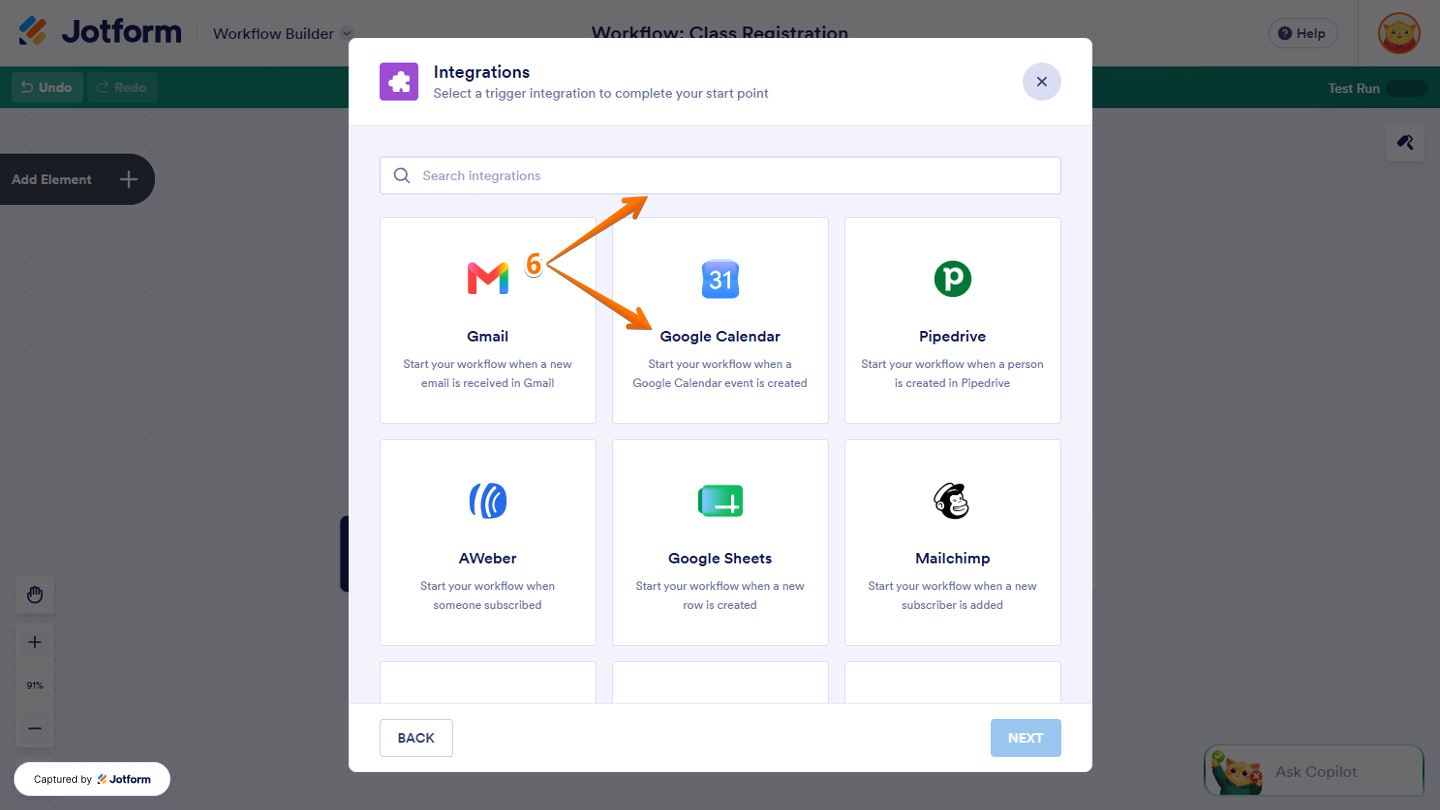 Integrations window in Workflow Builder showing the Search Bar for finding an app and available integration options, such as Google Calendar, to connect with Jotform