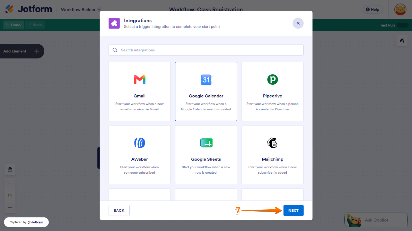 Integrations window in Workflow Builder showing the Next button at the bottom to continue setting up the selected integration