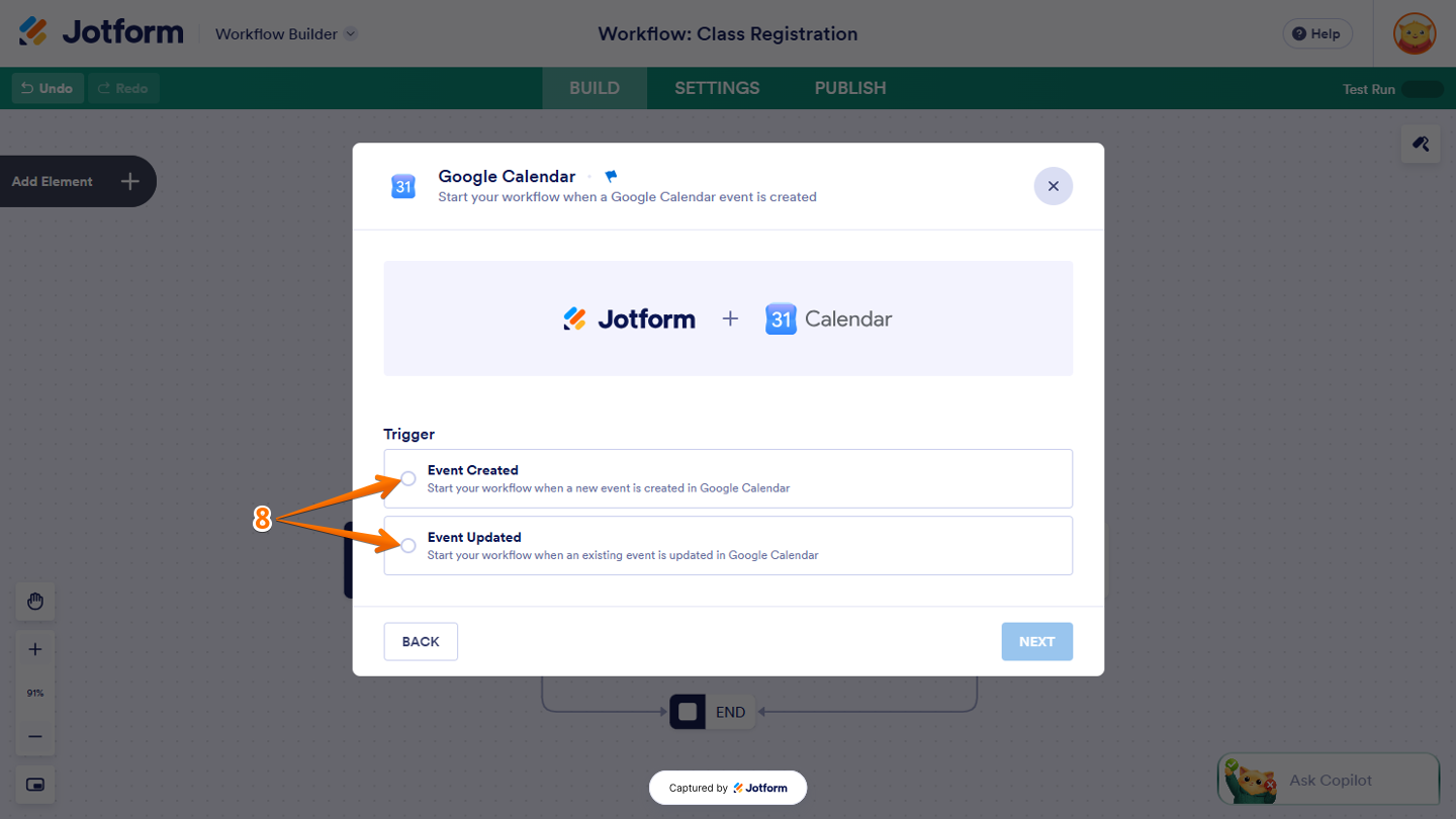 Google Calendar window in Workflow Builder showing the Event Created and Event Updated trigger options for starting a workflow when a calendar event is created or updated