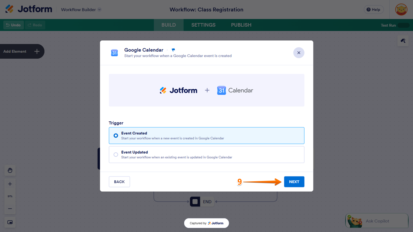 Google Calendar trigger window in Workflow Builder showing the Next button at the bottom to continue configuring the selected trigger