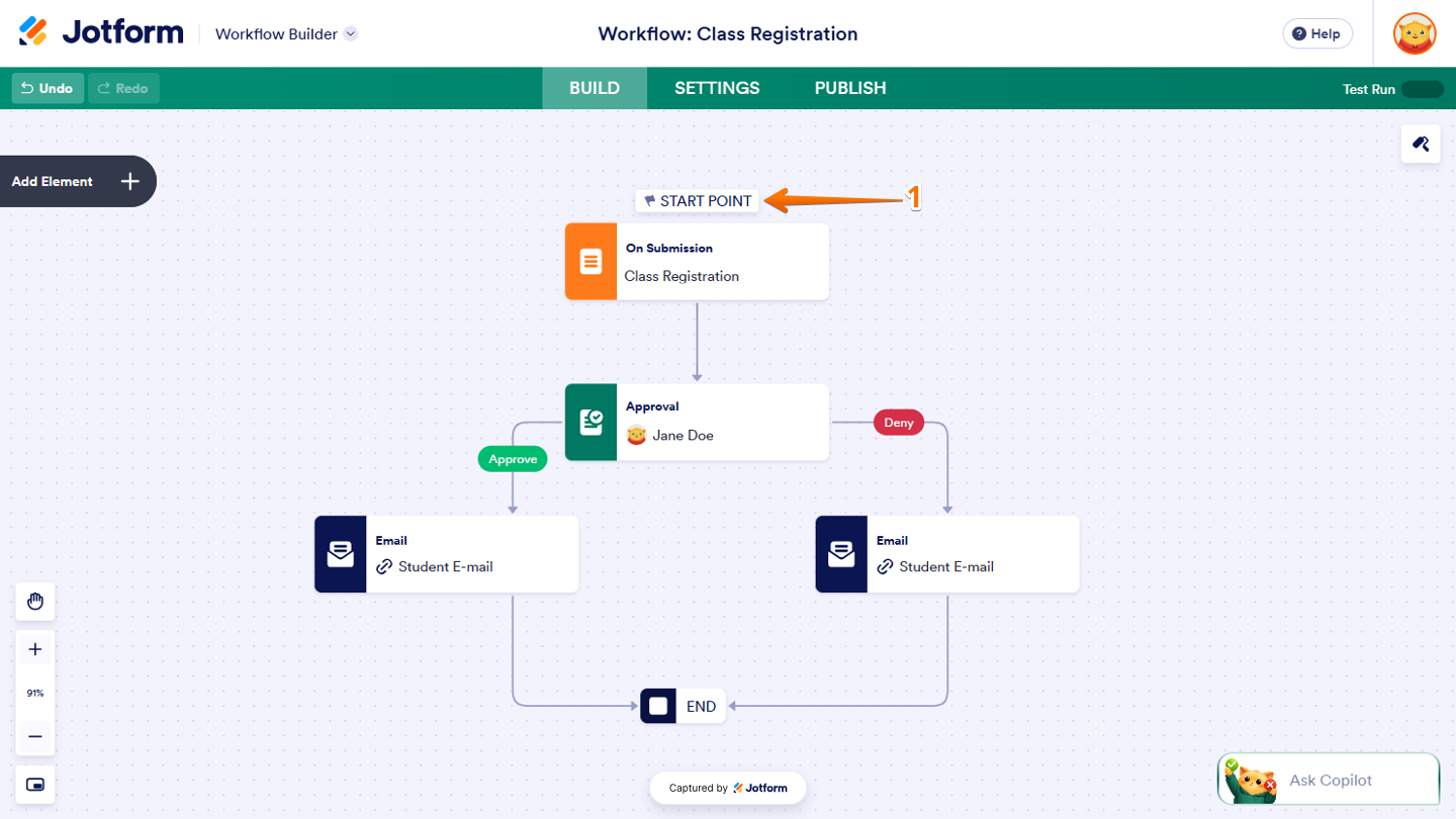 Workflow Builder showing the Start Point at the top of the Form element, ready to open the start point settings