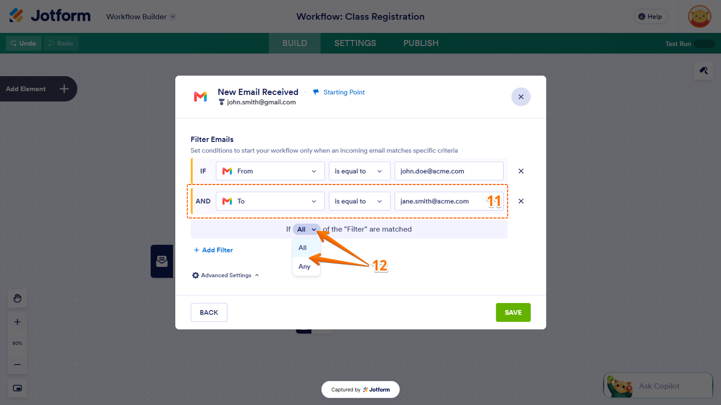 Gmail Filter Emails settings showing multiple filter conditions and the dropdown menu with All and Any options to determine whether all conditions or at least one condition must match