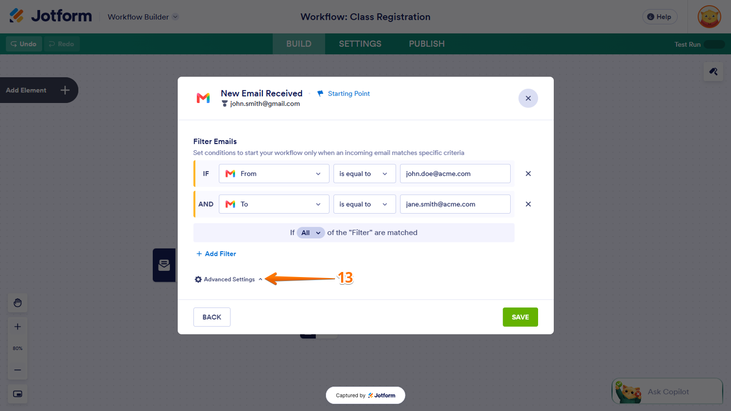 Gmail integration settings in Workflow Builder showing the Advanced Settings section with the Upward Arrow icon to expand the options for using specific email details in the workflow