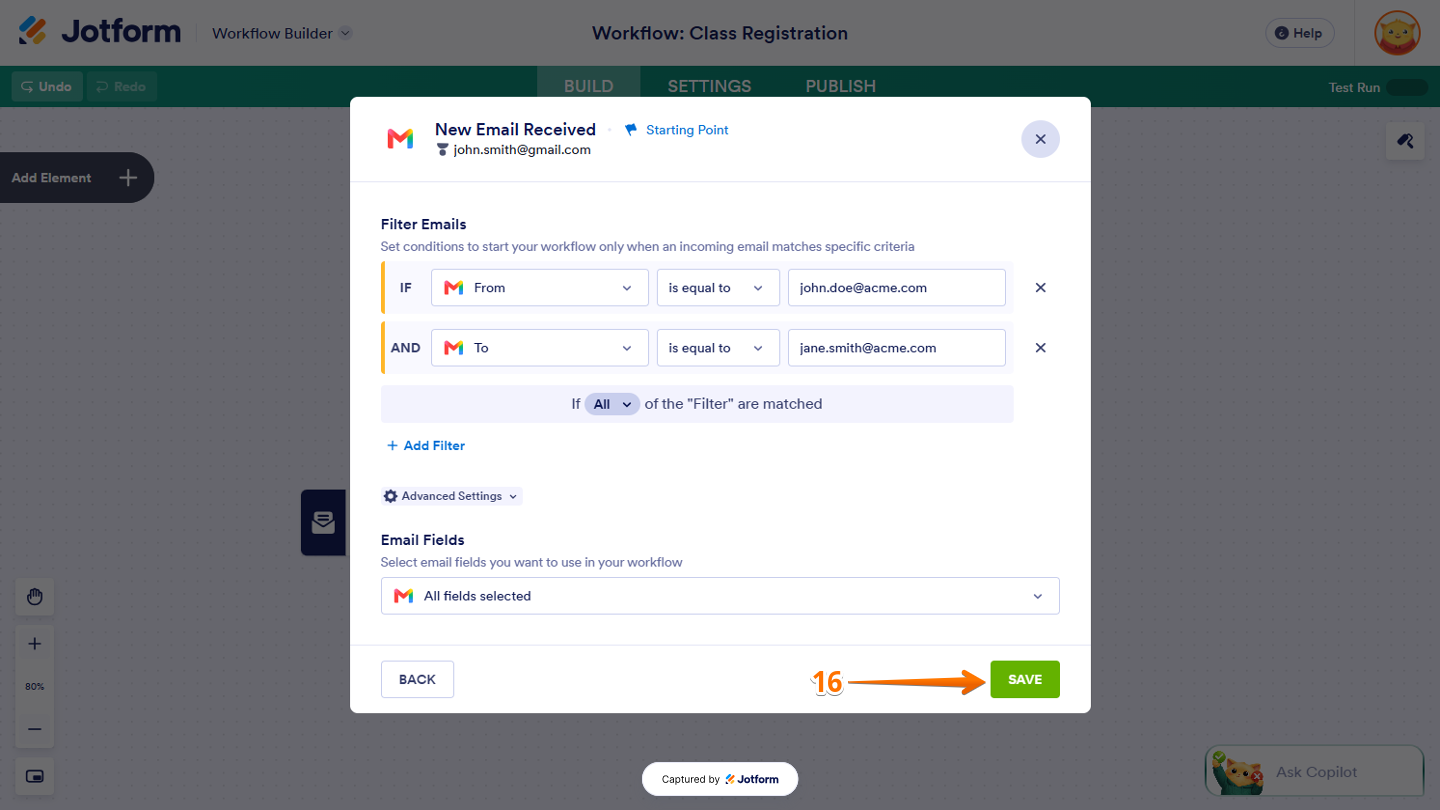 Gmail integration settings in Workflow Builder showing the Save button to save the email filters and selected email fields