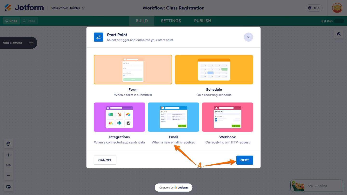 Start Point window in Workflow Builder showing the Email option selected, with the Next button to continue setting up the email trigger