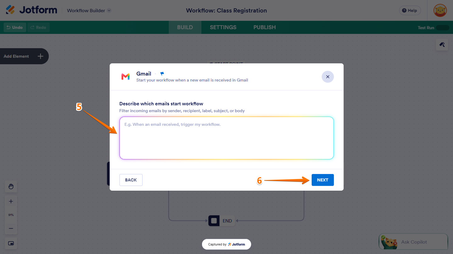 Alternative text: Gmail window in Workflow Builder showing the Describe Which Emails Start Workflow section with a text field for describing which emails should trigger the workflow, and the Next button at the bottom