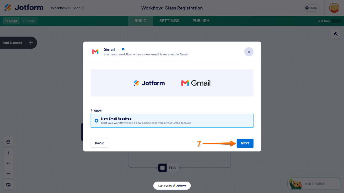 Gmail integration setup window in Workflow Builder showing the Next button to continue configuring the email trigger