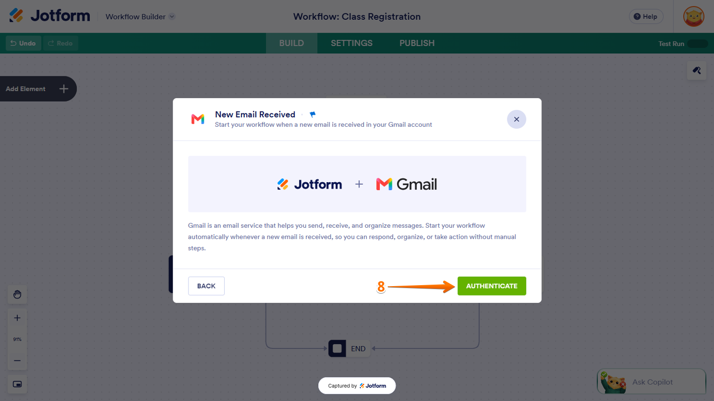 New Email Received window in Workflow Builder showing the Authenticate button to connect your Gmail account and enable the email trigger