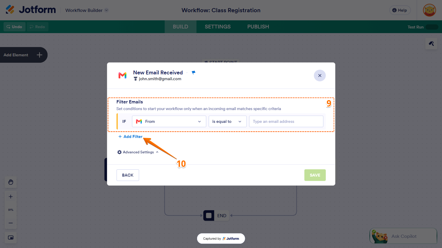 Gmail integration window in Workflow Builder showing the Filter Emails section with the IF, Condition, and Value fields for setting email filters, and the Add Filter button to add another condition