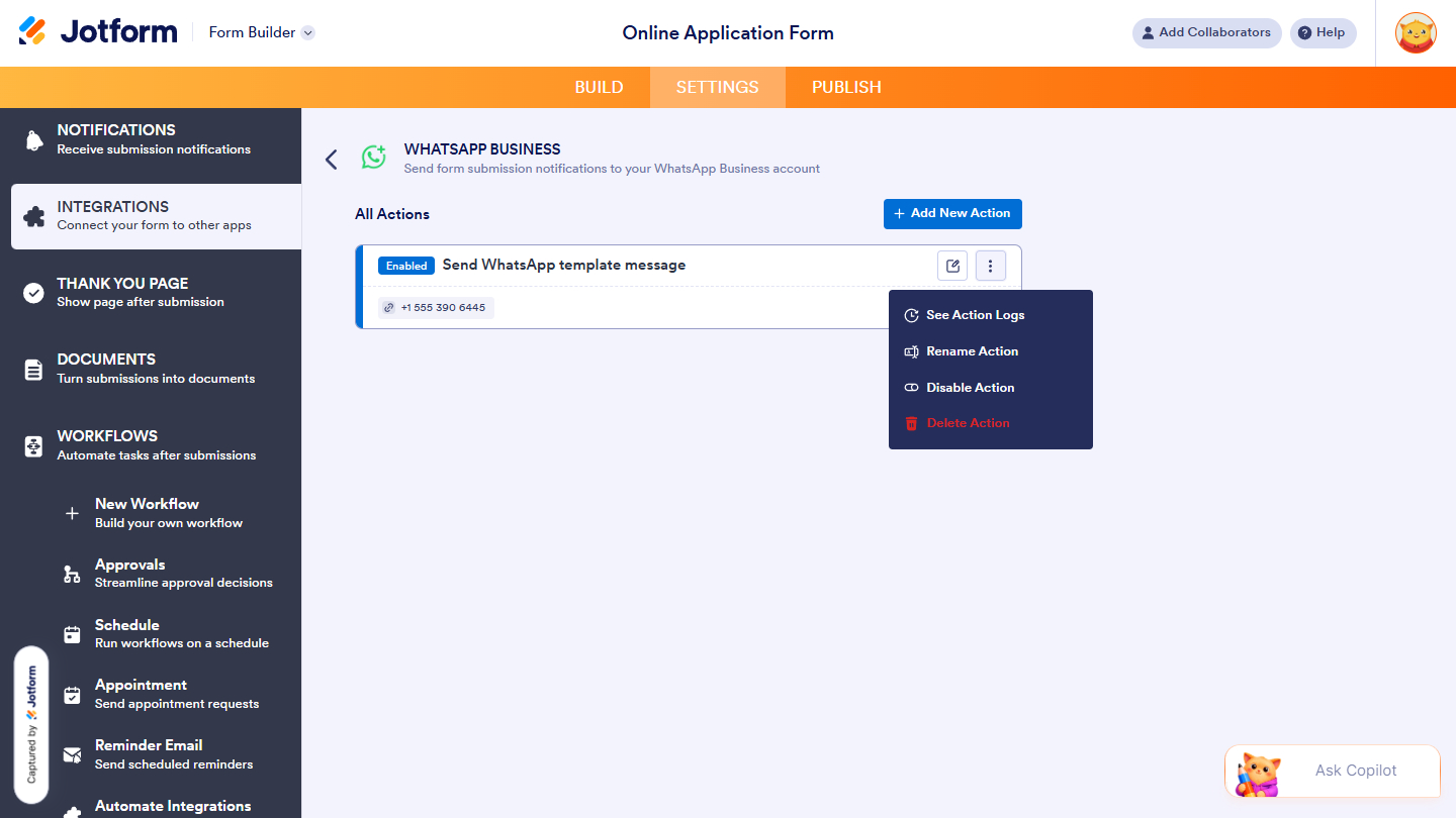 All Actions section in Jotform WhatsApp Business integration