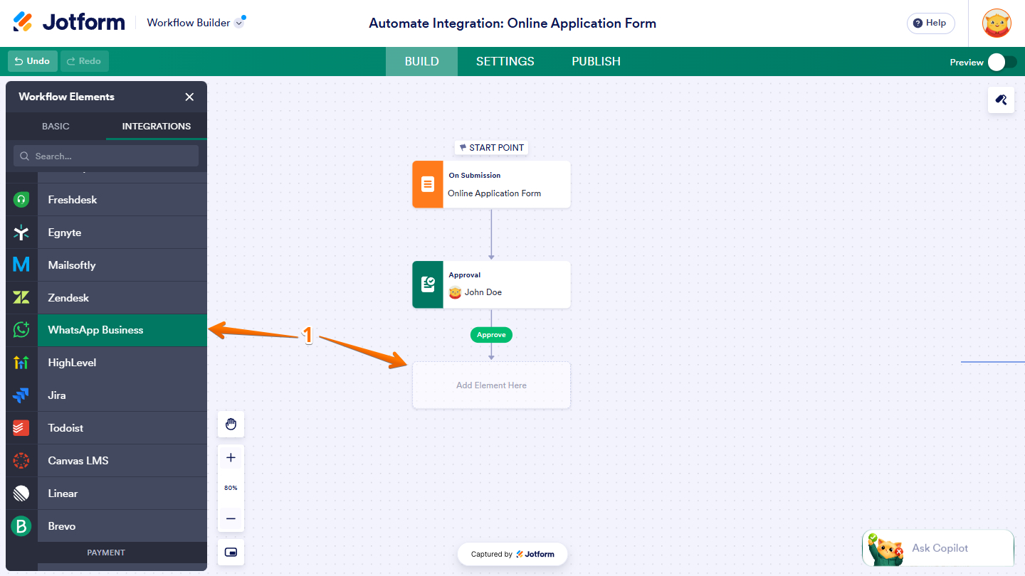 WhatsApp Business integration in Jotform Workflow Builder