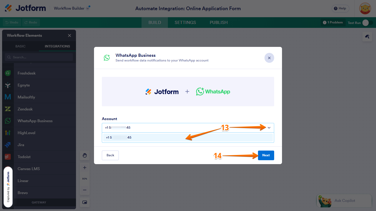 Account dropdown menu in WhatsApp Integration settings in Jotform Workflow Builder