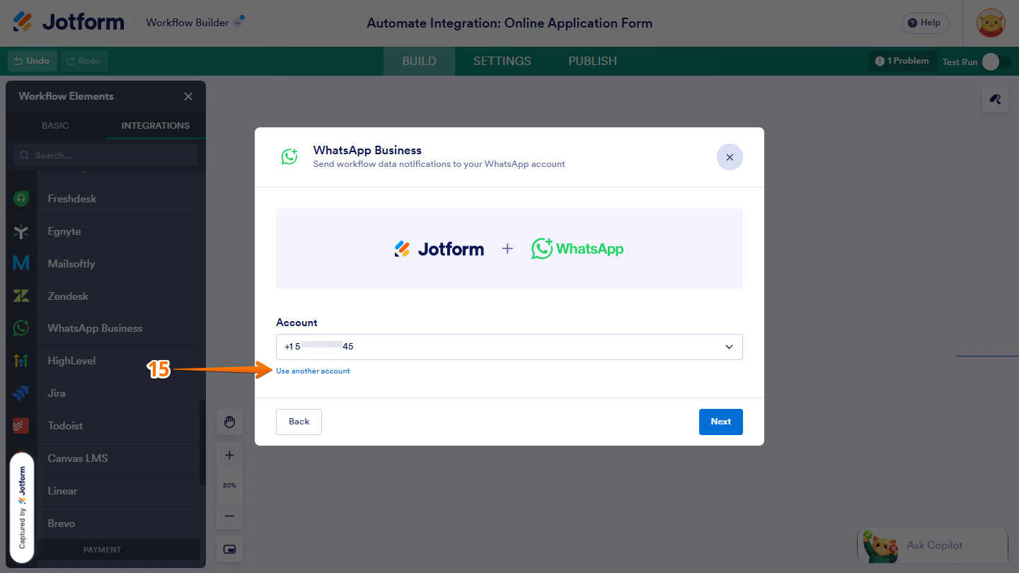 Use another account in WhatsApp Business integration settings in Jotform Workflow Builder