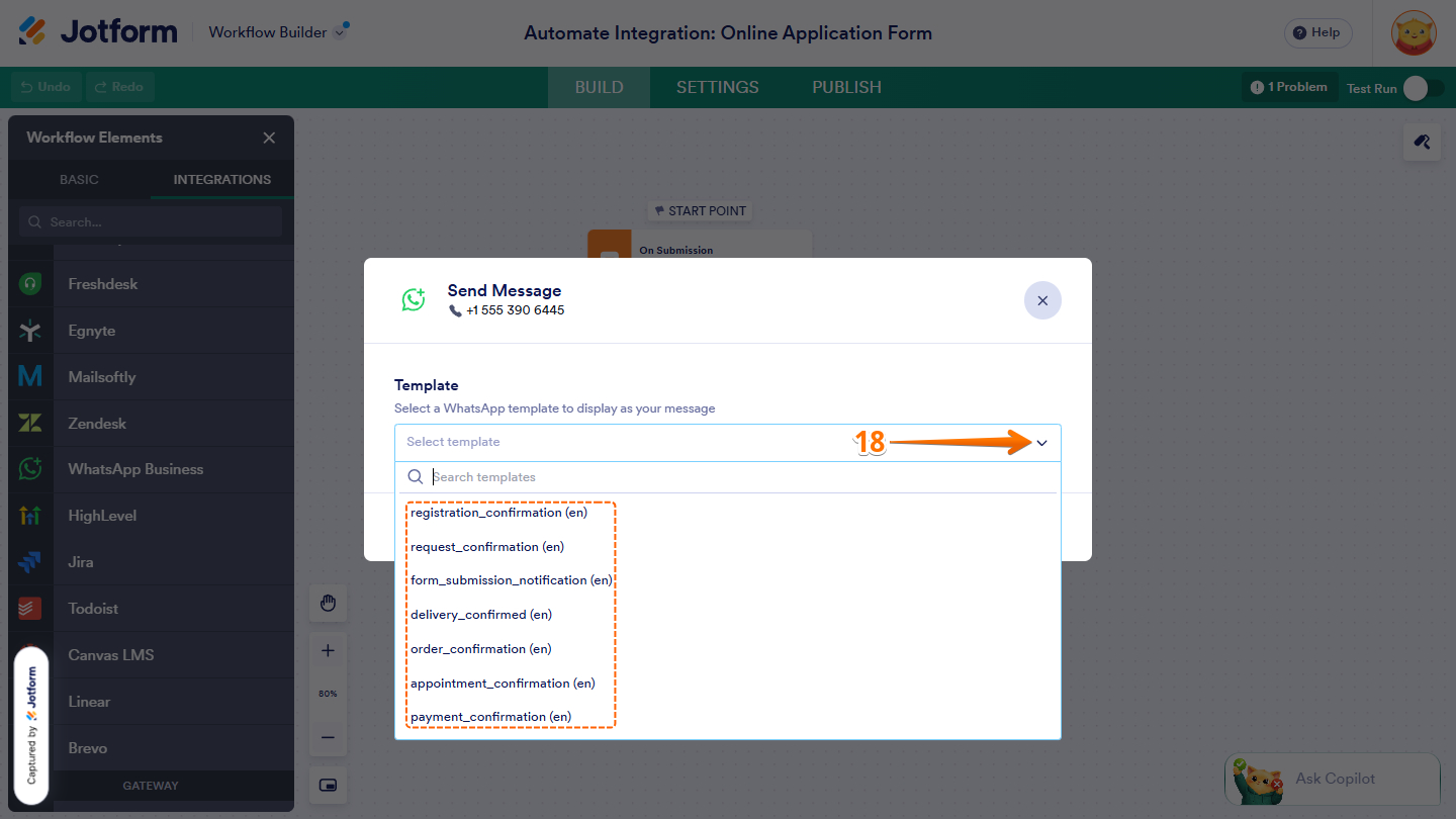 Template dropdown menu in WhatsApp Business integration settings