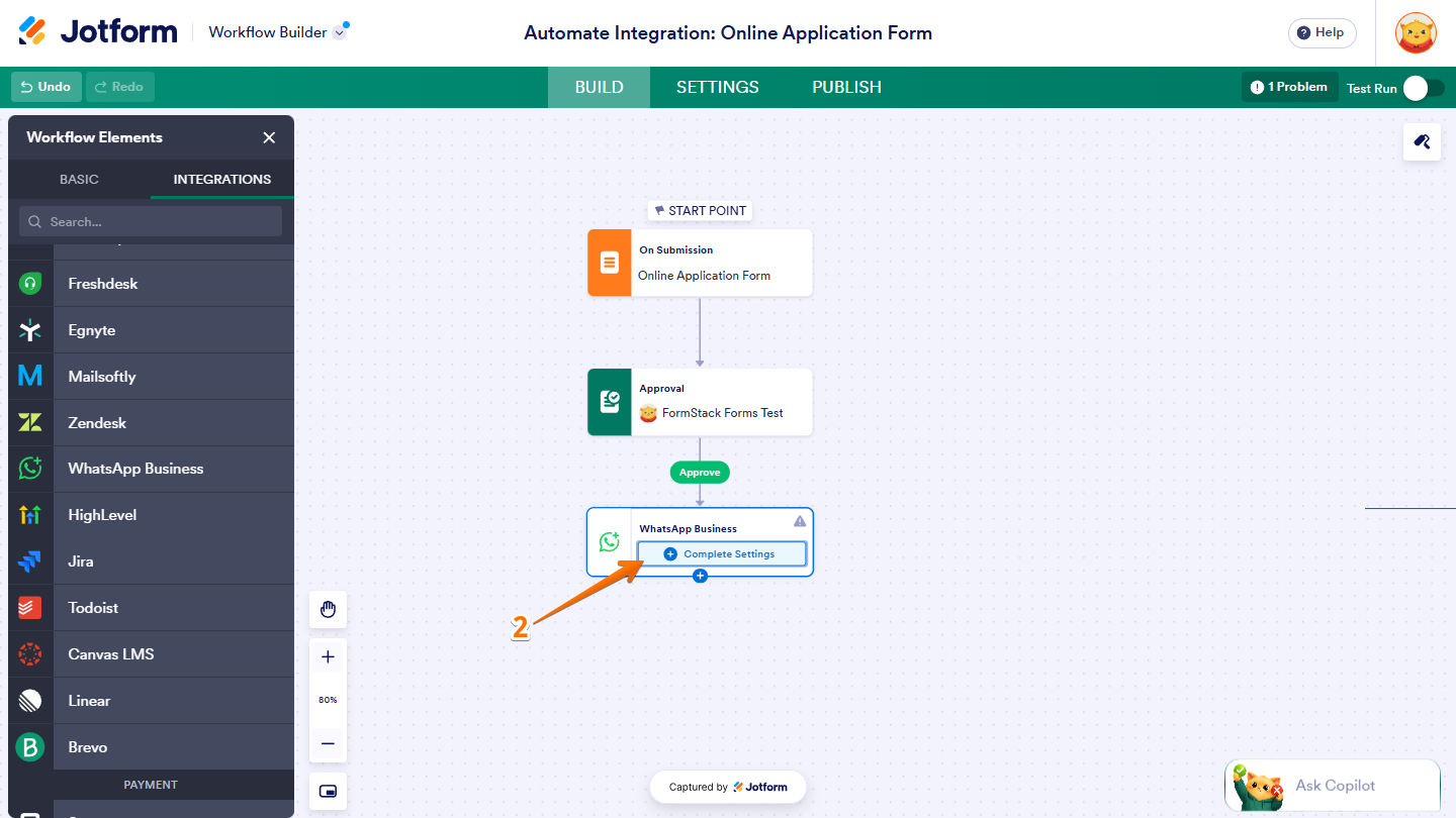 Complete Settings button in WhatsApp Business in Jotform Workflow Builder