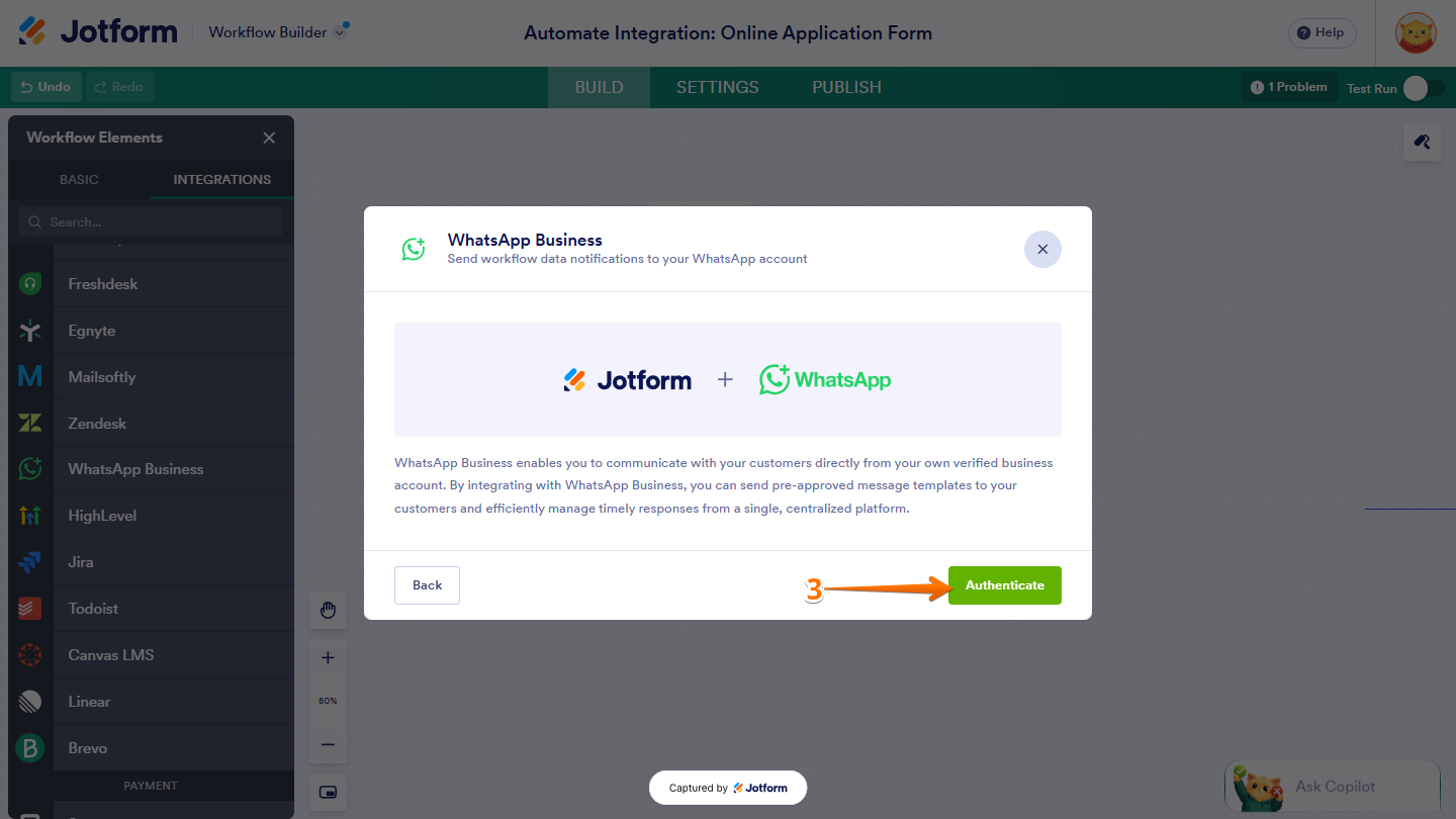 Authenticate button in WhatsApp Business integration in Jotform Workflow Builder