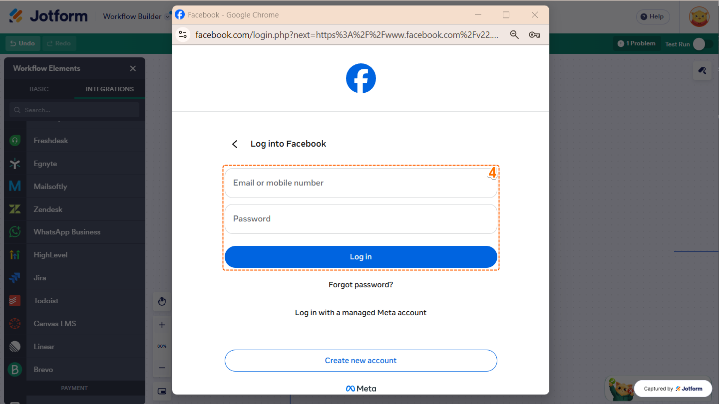 Facebook login window