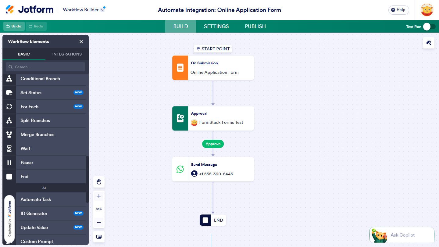 Flow created with WhatsApp Business Integration in Jotform Workflow Builder