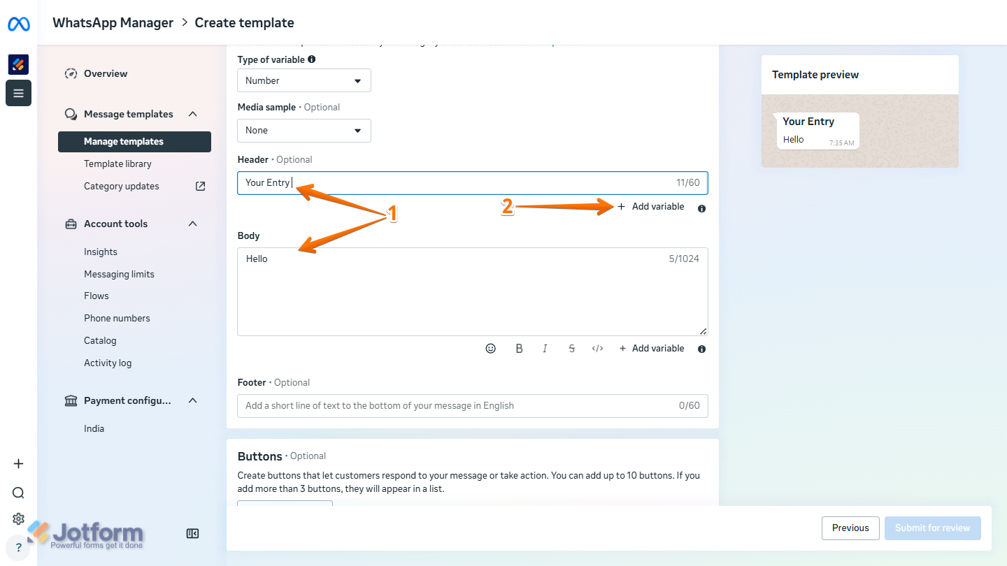 Template Header and Body options in WhatsApp Create Template settings
