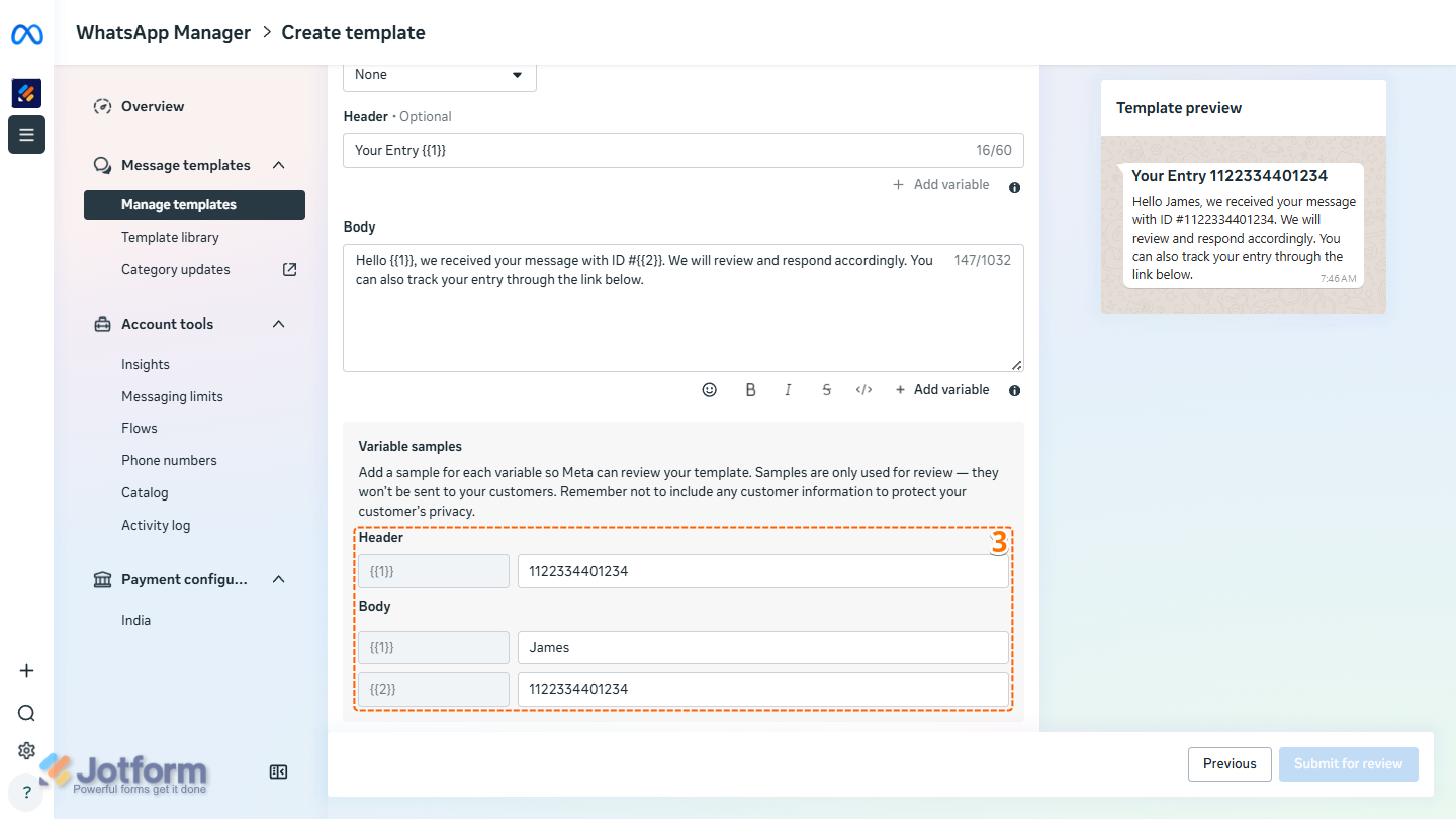 Variable Samples in WhatsApp Create Template settings