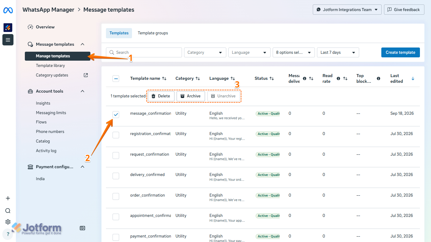 Manage Templates in WhatsApp Manager page