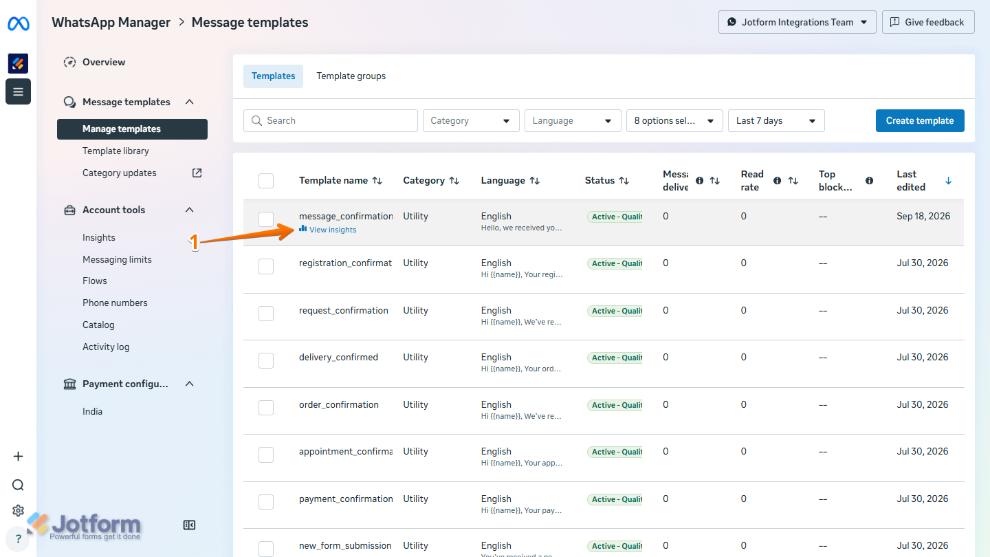 View Insights option in WhatsApp Template Manager page