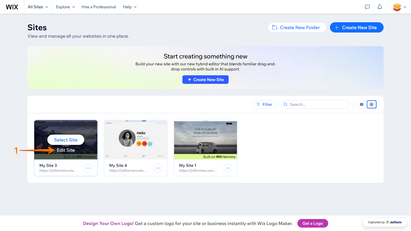 Edit Site in Wix dashboard