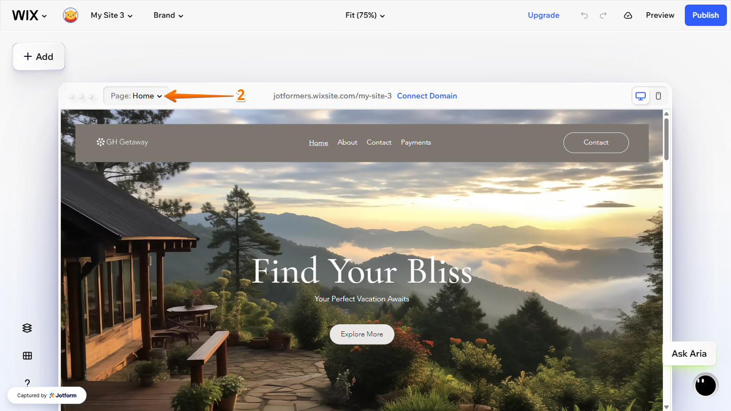 Page dropdown menu in Wix Website Editor