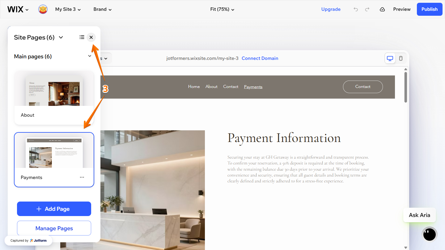 Sites page menu in Wix Website Editor