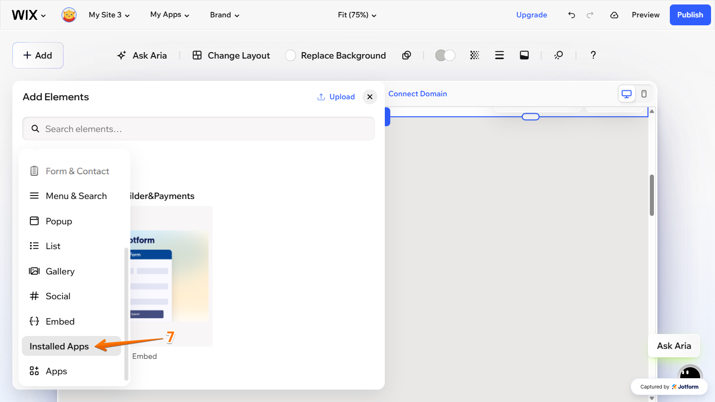 Installed Apps option in the Add Elements menu in Wix Website Editor