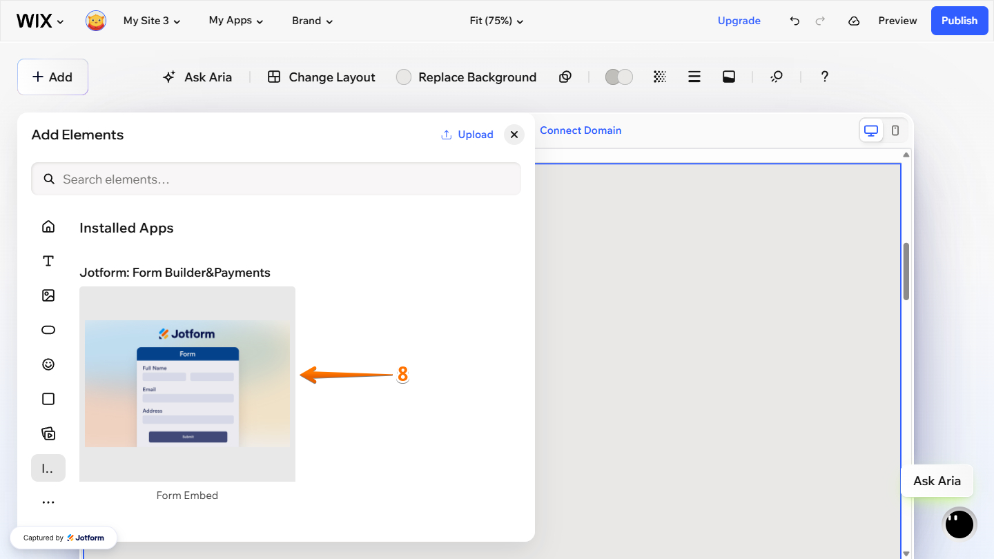 Jotform Form Embed option in the Installed Apps of the Add Elements menu in Wix Website Editor