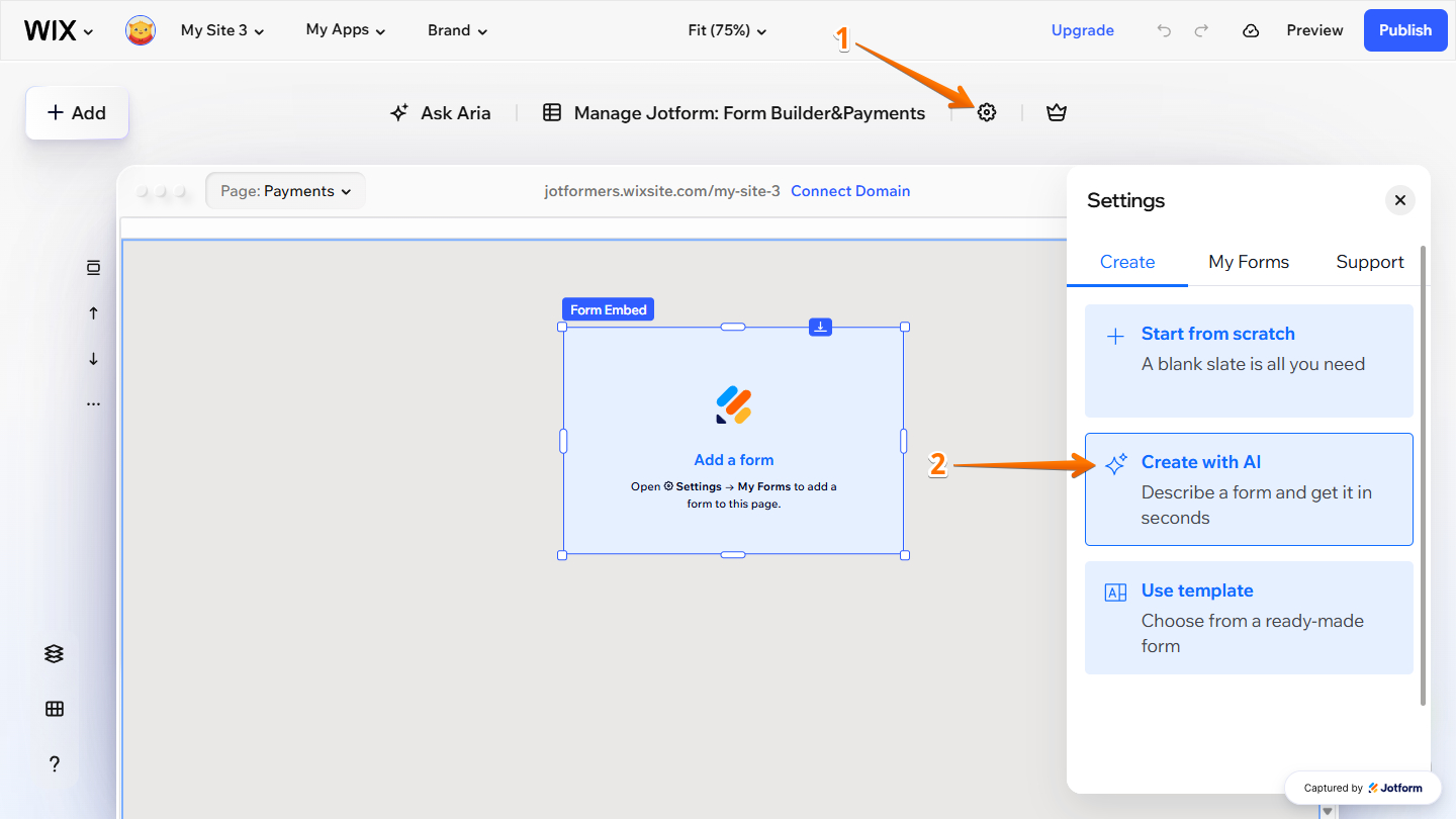 Create with AI option in the Settings menu of the Jotform Form Embed in Wix Website Editor