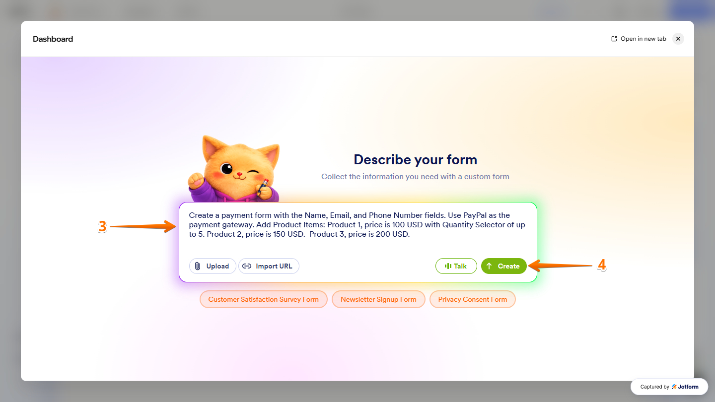 Create with AI Prompt in Jotform Form Builder window in Wix Website Editor