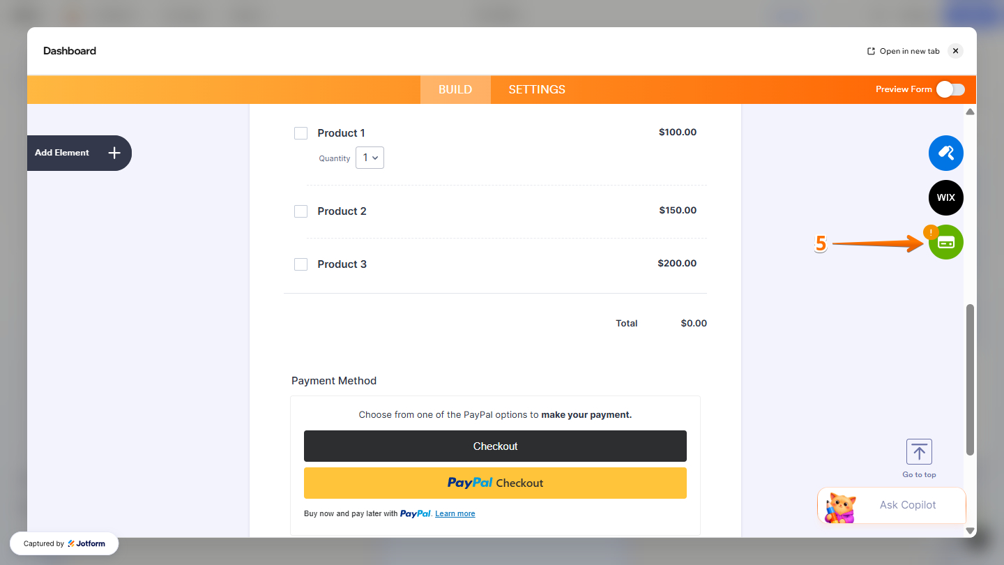 Payment Properties icon in Jotform Form Builder in Wix Website Editor