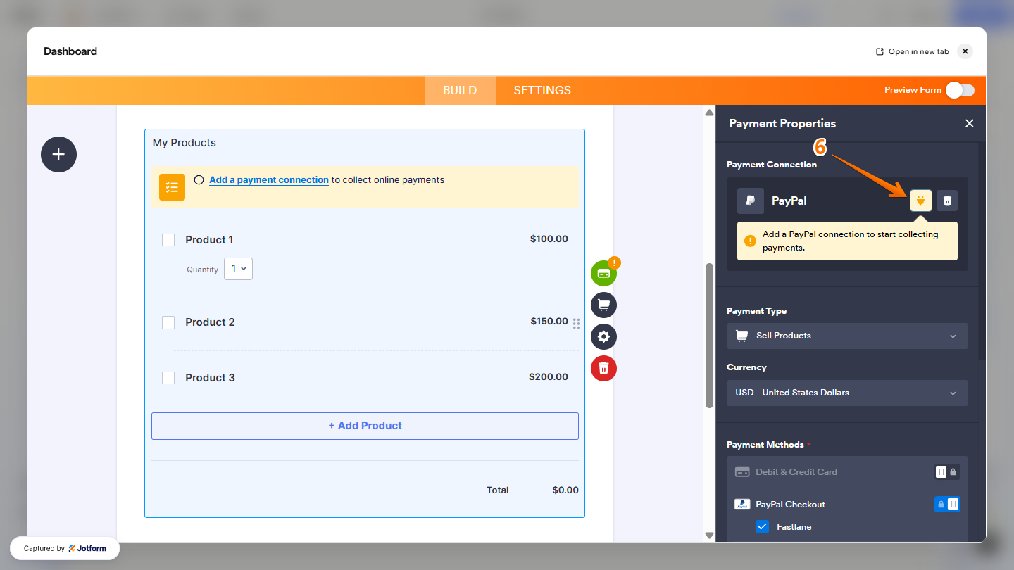 Payment Connections in the Payment Properties menu in Jotform Form Builder