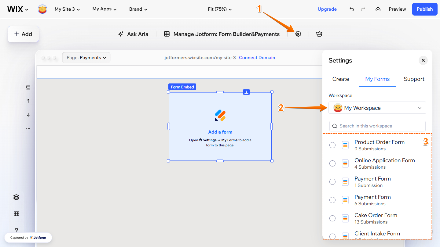 My Forms tab of the Settings menu of the Jotform Form Embed in Wix Website Editor
