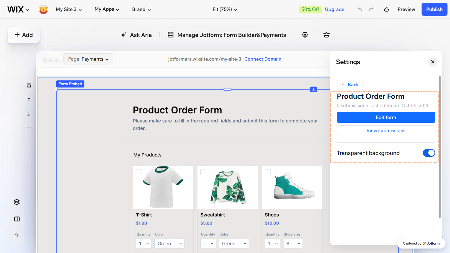 Manage Payment Form in the Settings menu of the Jotform Form Embed
